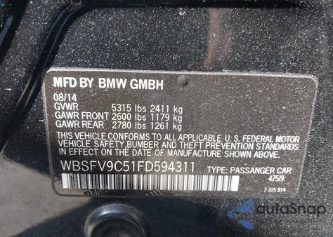 2015 BMW M5 from USA, damaged, VIN WBSFV9C51FD594311